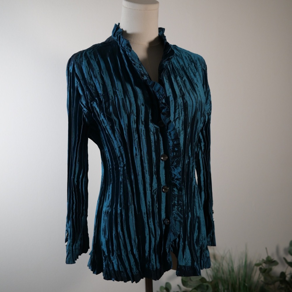 AGORA Teal Accordion Pleat Ruffle Blouse Rhinestone Button Metallic Crinkle Top